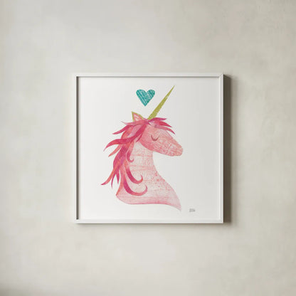 Unicorn Magic I Heart Sq by Melissa Averinos. Shown in a crisp white glass frame for a clean and minimalist style. Available as an archival giclee rolled canvas, fine art paper, or poster print. SKU 35450a.