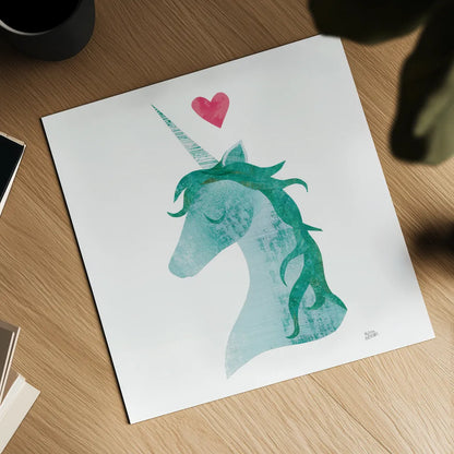 Unicorn Magic II Heart Sq by Melissa Averinos. Shown as a detailed flat fine art print, highlighting archival giclee quality. Available as an archival giclee rolled canvas, fine art paper, or poster print. SKU 35451a.