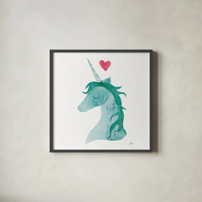 Unicorn Magic II Heart Sq by Melissa Averinos. Shown in a sleek black glass frame for a contemporary gallery look. Available as an archival giclee rolled canvas, fine art paper, or poster print. SKU 35451a.