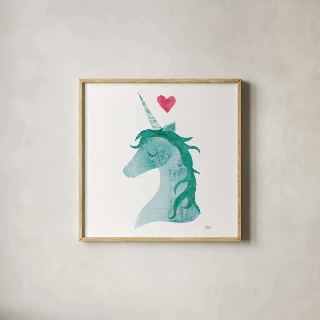 Unicorn Magic II Heart Sq by Melissa Averinos. Shown in a natural wood glass frame for a timeless modern aesthetic. Available as an archival giclee rolled canvas, fine art paper, or poster print. SKU 35451a.