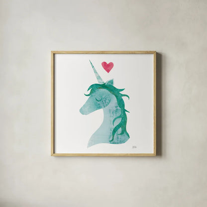 Unicorn Magic II Heart Sq by Melissa Averinos. Shown in a natural wood glass frame for a timeless modern aesthetic. Available as an archival giclee rolled canvas, fine art paper, or poster print. SKU 35451a.
