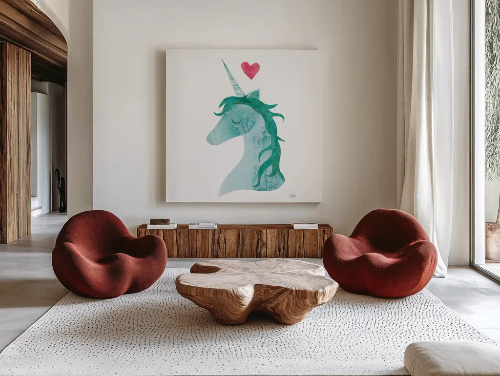 Unicorn Magic II Heart Sq by Melissa Averinos. Shown as extra-large giant wall art in a modern living room. Available as an archival giclee rolled canvas, fine art paper, or poster print. SKU 35451a.