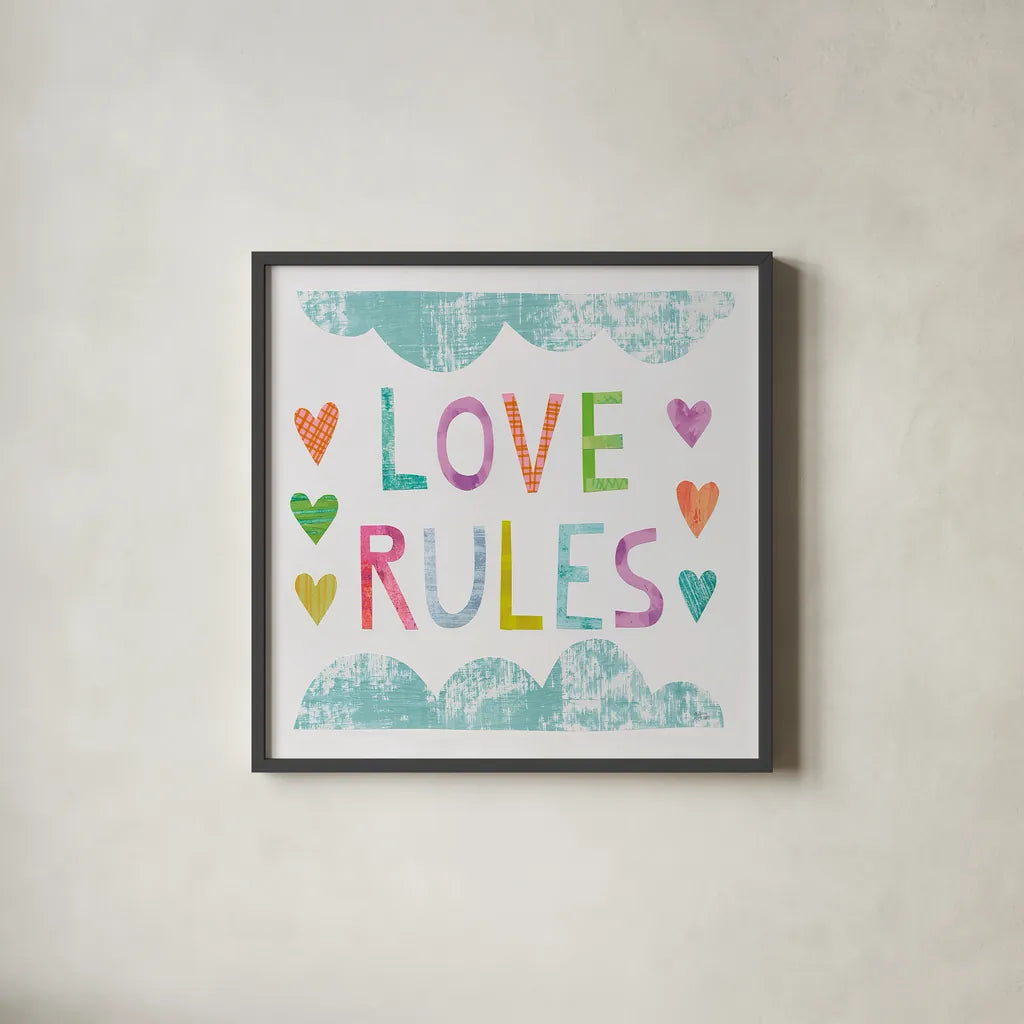 Unicorn Magic III Sq Blue by Melissa Averinos. Shown in a sleek black glass frame for a contemporary gallery look. Available as an archival giclee rolled canvas, fine art paper, or poster print. SKU 33144a.