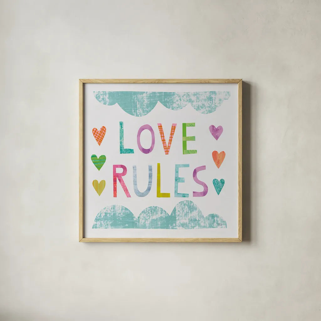 Unicorn Magic III Sq Blue by Melissa Averinos. Shown in a natural wood glass frame for a timeless modern aesthetic. Available as an archival giclee rolled canvas, fine art paper, or poster print. SKU 33144a.