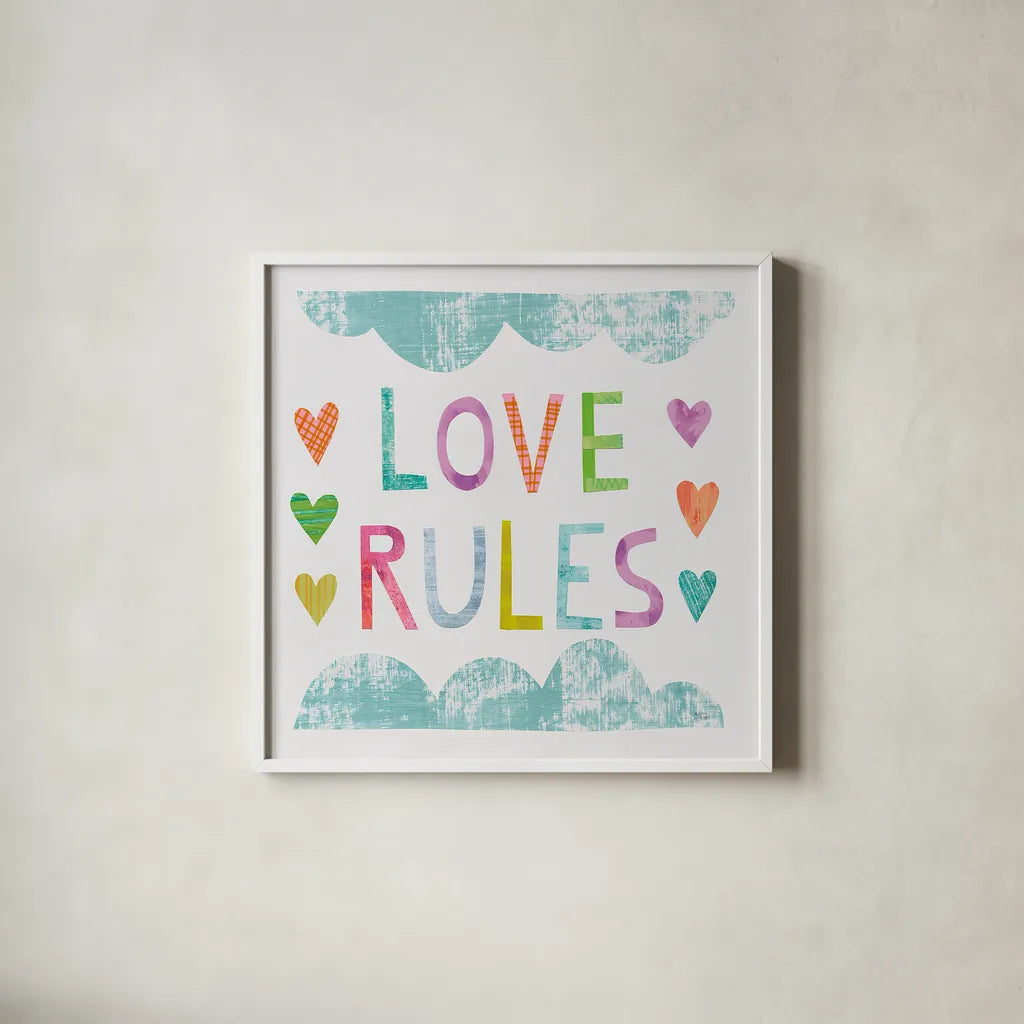 Unicorn Magic III Sq Blue by Melissa Averinos. Shown in a crisp white glass frame for a clean and minimalist style. Available as an archival giclee rolled canvas, fine art paper, or poster print. SKU 33144a.