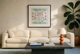 Unicorn Magic III Sq Blue by Melissa Averinos. Displayed in a glass frame with matte in a clean modern living room. Available as an archival giclee rolled canvas, fine art paper, or poster print. SKU 33144a.
