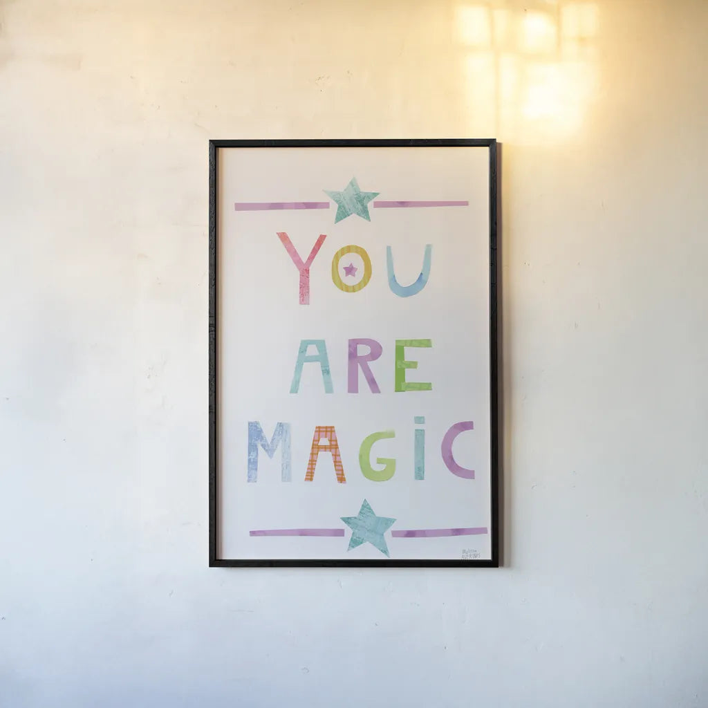 Unicorn Magic V by Melissa Averinos. shown as a paper print in a black flame. Available as a archival giclee rolled canvas, fine art paper, or poster print. SKU 32886h.