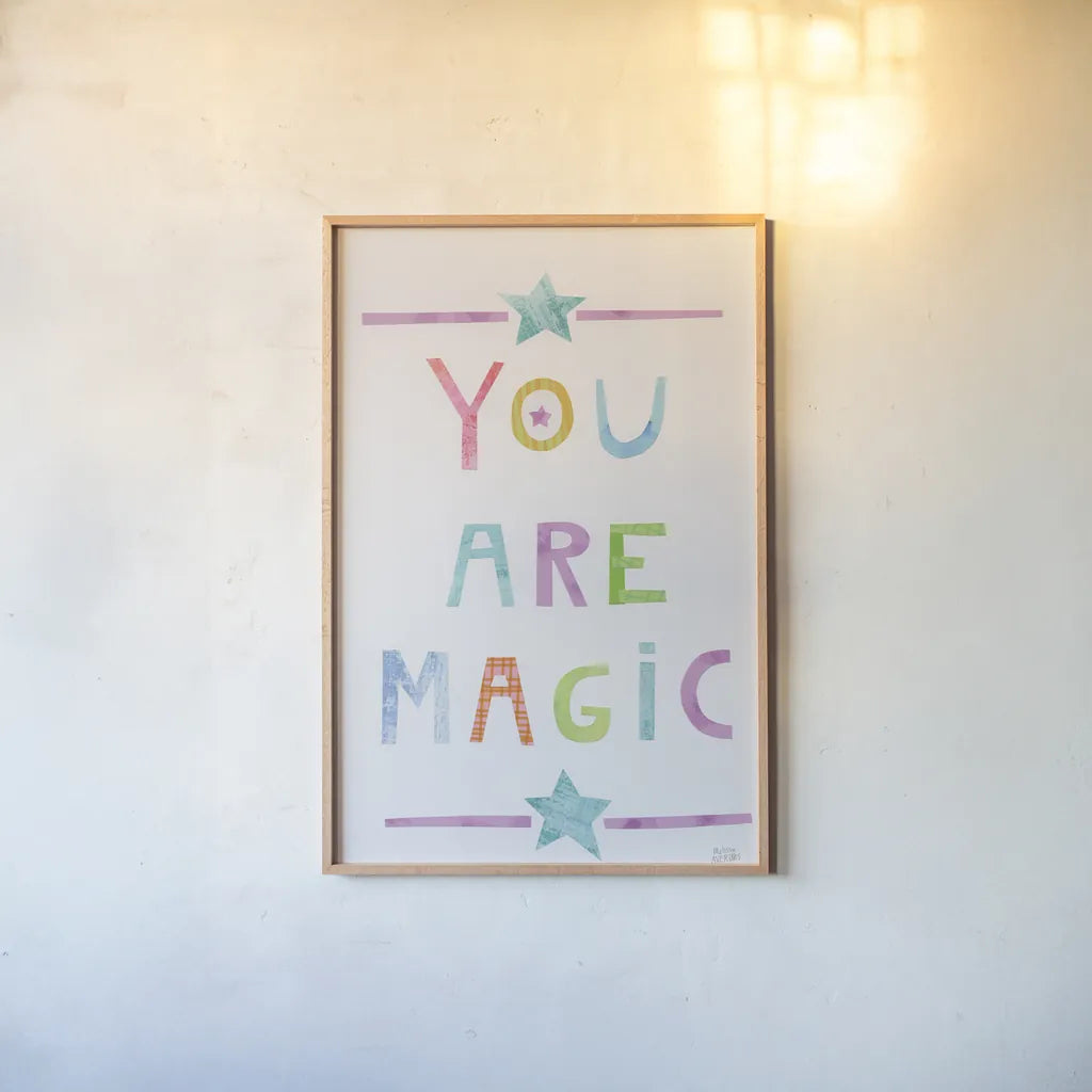 Unicorn Magic V by Melissa Averinos. shown as a paper print in a natural frame. Available as a archival giclee rolled canvas, fine art paper, or poster print. SKU 32886h.