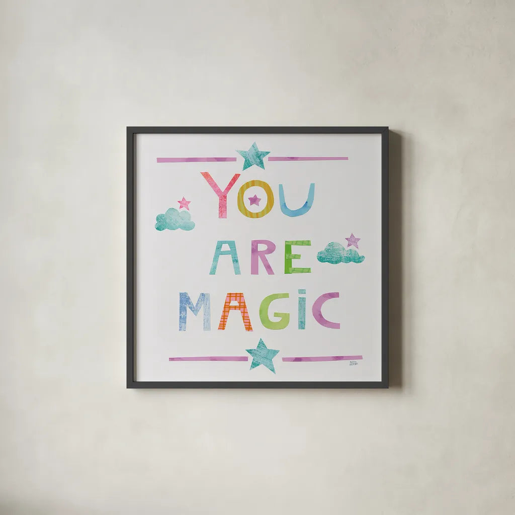 Unicorn Magic V Sq Clouds by Melissa Averinos. Shown in a sleek black glass frame for a contemporary gallery look. Available as an archival giclee rolled canvas, fine art paper, or poster print. SKU 33146a.