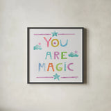 Unicorn Magic V Sq Clouds by Melissa Averinos. Shown in a sleek black glass frame for a contemporary gallery look. Available as an archival giclee rolled canvas, fine art paper, or poster print. SKU 33146a.
