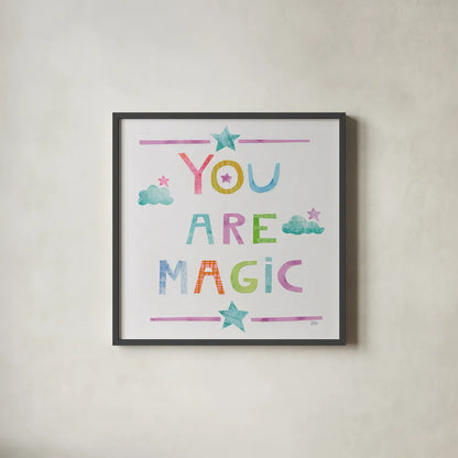 Unicorn Magic V Sq Clouds by Melissa Averinos. Shown in a sleek black glass frame for a contemporary gallery look. Available as an archival giclee rolled canvas, fine art paper, or poster print. SKU 33146a.