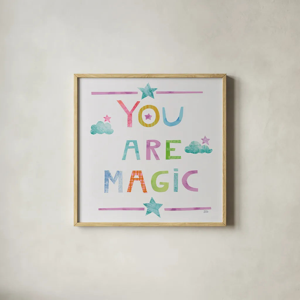 Unicorn Magic V Sq Clouds by Melissa Averinos. Shown in a natural wood glass frame for a timeless modern aesthetic. Available as an archival giclee rolled canvas, fine art paper, or poster print. SKU 33146a.