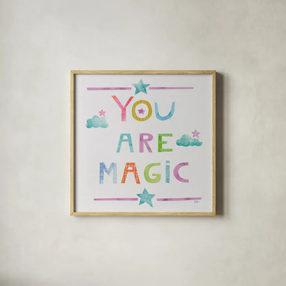 Unicorn Magic V Sq Clouds by Melissa Averinos. Shown in a natural wood glass frame for a timeless modern aesthetic. Available as an archival giclee rolled canvas, fine art paper, or poster print. SKU 33146a.