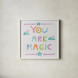 Unicorn Magic V Sq Clouds by Melissa Averinos. Shown in a crisp white glass frame for a clean and minimalist style. Available as an archival giclee rolled canvas, fine art paper, or poster print. SKU 33146a.