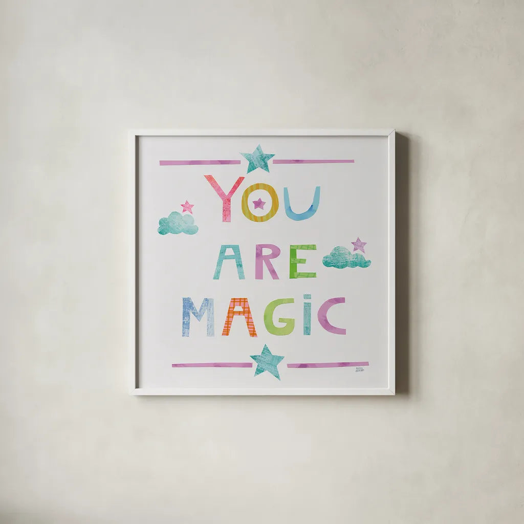 Unicorn Magic V Sq Clouds by Melissa Averinos. Shown in a crisp white glass frame for a clean and minimalist style. Available as an archival giclee rolled canvas, fine art paper, or poster print. SKU 33146a.