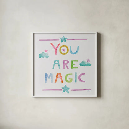 Unicorn Magic V Sq Clouds by Melissa Averinos. Shown in a crisp white glass frame for a clean and minimalist style. Available as an archival giclee rolled canvas, fine art paper, or poster print. SKU 33146a.