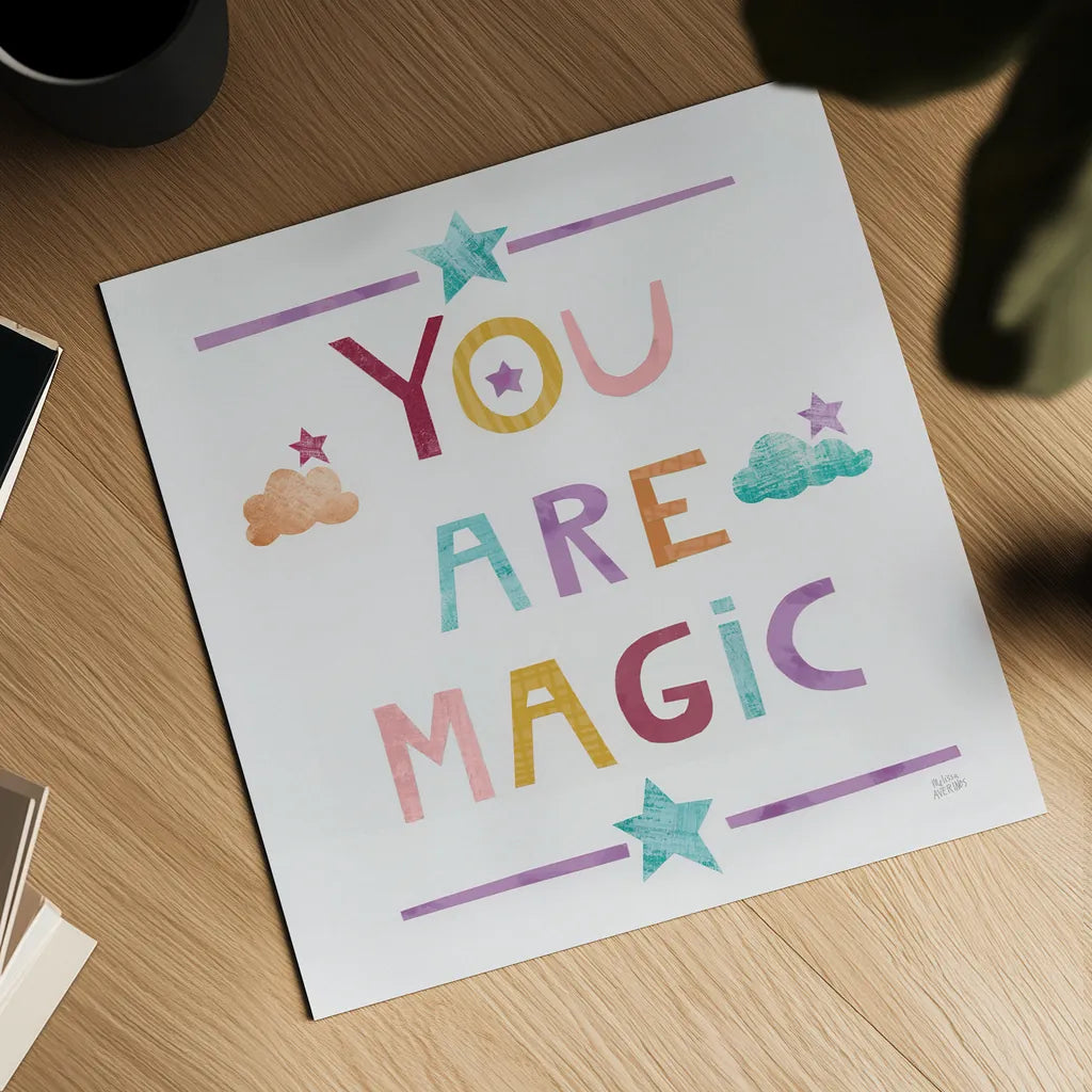 Unicorn Magic V Sq Clouds Dark by Melissa Averinos. Shown as a detailed flat fine art print, highlighting archival giclee quality. Available as an archival giclee rolled canvas, fine art paper, or poster print. SKU 66681a.