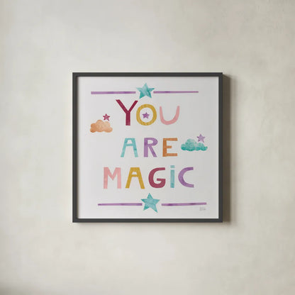 Unicorn Magic V Sq Clouds Dark by Melissa Averinos. Shown in a sleek black glass frame for a contemporary gallery look. Available as an archival giclee rolled canvas, fine art paper, or poster print. SKU 66681a.