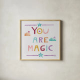 Unicorn Magic V Sq Clouds Dark by Melissa Averinos. Shown in a natural wood glass frame for a timeless modern aesthetic. Available as an archival giclee rolled canvas, fine art paper, or poster print. SKU 66681a.