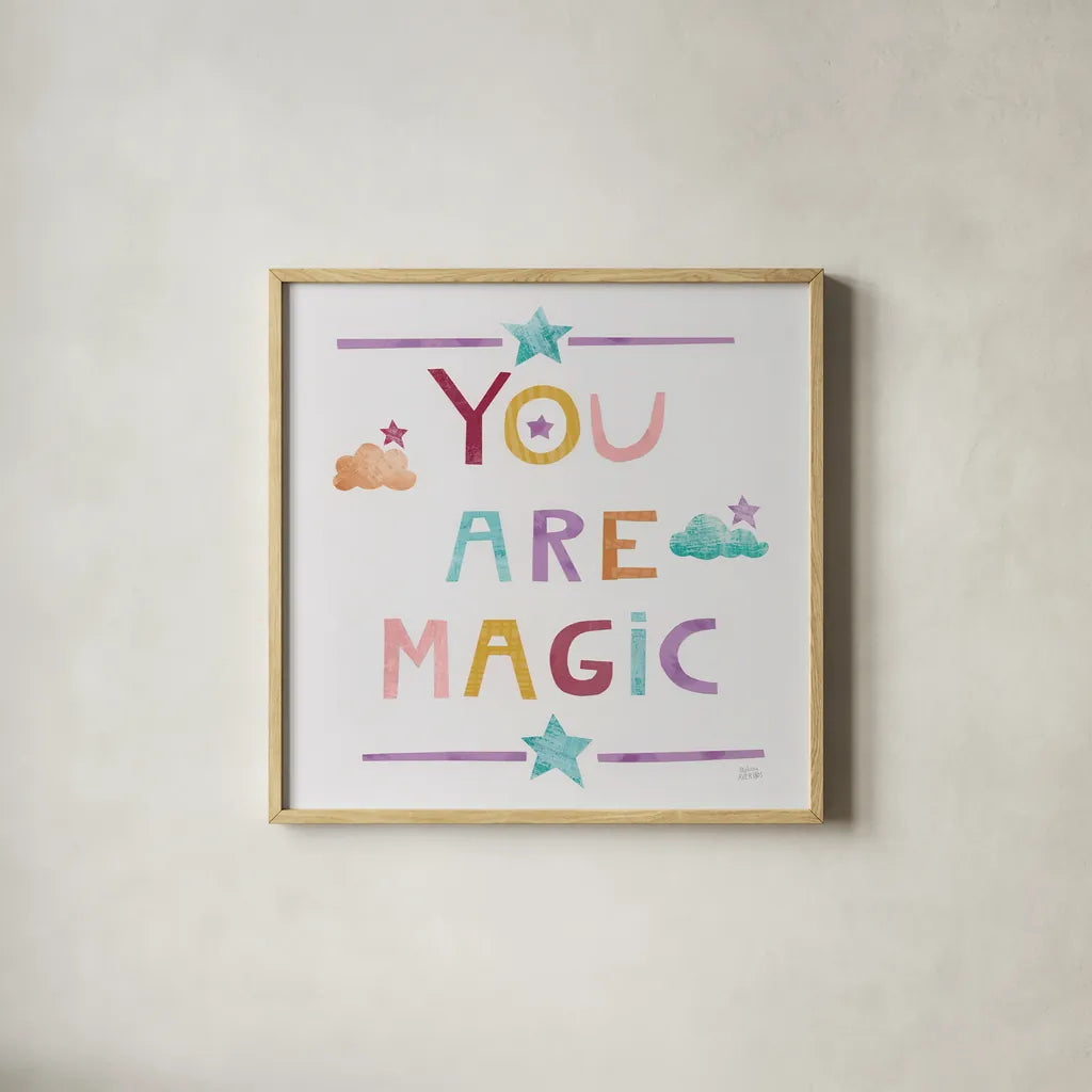 Unicorn Magic V Sq Clouds Dark by Melissa Averinos. Shown in a natural wood glass frame for a timeless modern aesthetic. Available as an archival giclee rolled canvas, fine art paper, or poster print. SKU 66681a.