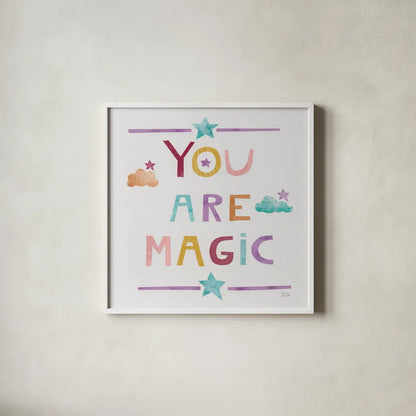 Unicorn Magic V Sq Clouds Dark by Melissa Averinos. Shown in a crisp white glass frame for a clean and minimalist style. Available as an archival giclee rolled canvas, fine art paper, or poster print. SKU 66681a.