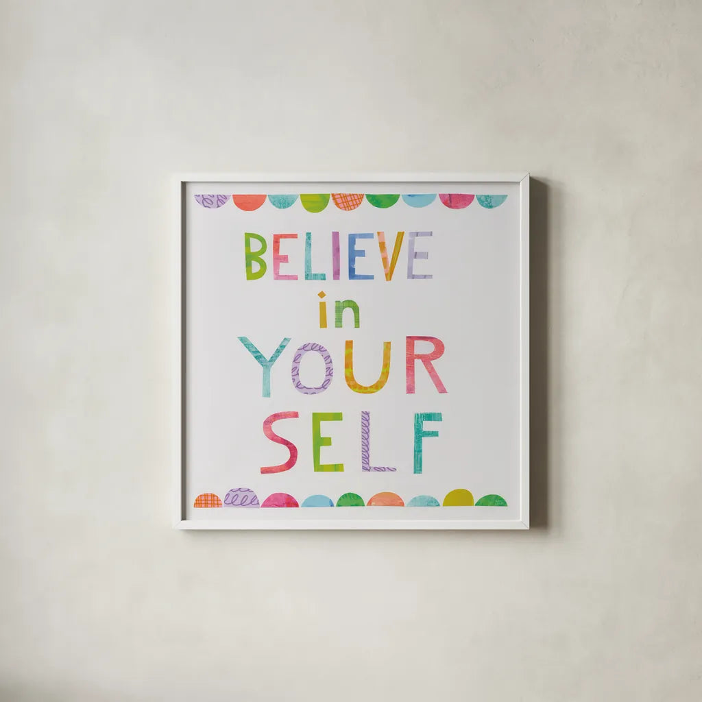 Unicorn Magic VI by Melissa Averinos. Shown in a crisp white glass frame for a clean and minimalist style. Available as an archival giclee rolled canvas, fine art paper, or poster print. SKU 32887a.