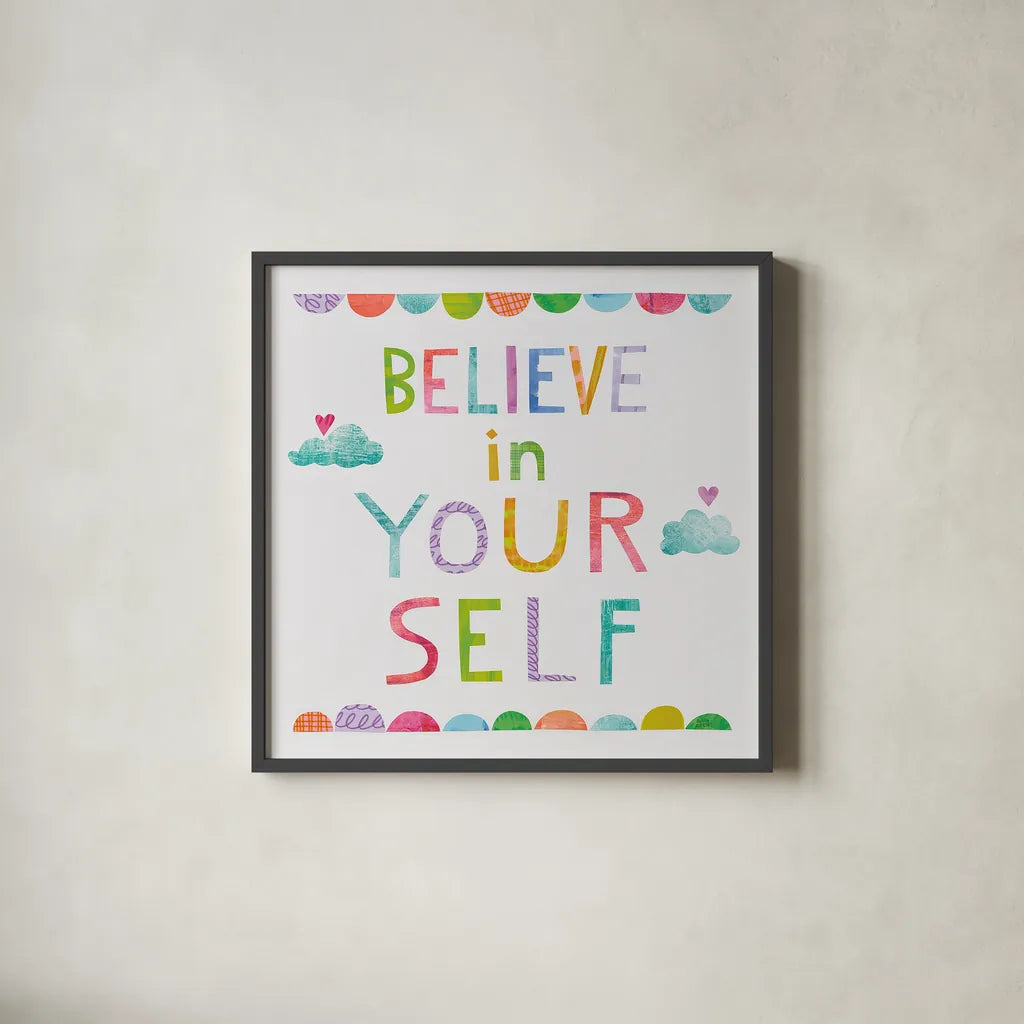 Unicorn Magic VI Clouds by Melissa Averinos. Shown in a sleek black glass frame for a contemporary gallery look. Available as an archival giclee rolled canvas, fine art paper, or poster print. SKU 33147a.