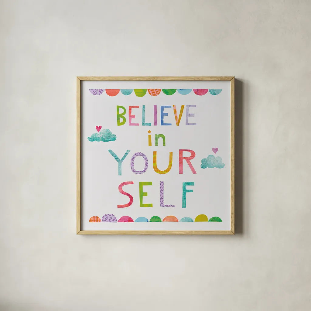 Unicorn Magic VI Clouds by Melissa Averinos. Shown in a natural wood glass frame for a timeless modern aesthetic. Available as an archival giclee rolled canvas, fine art paper, or poster print. SKU 33147a.