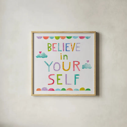 Unicorn Magic VI Clouds by Melissa Averinos. Shown in a natural wood glass frame for a timeless modern aesthetic. Available as an archival giclee rolled canvas, fine art paper, or poster print. SKU 33147a.