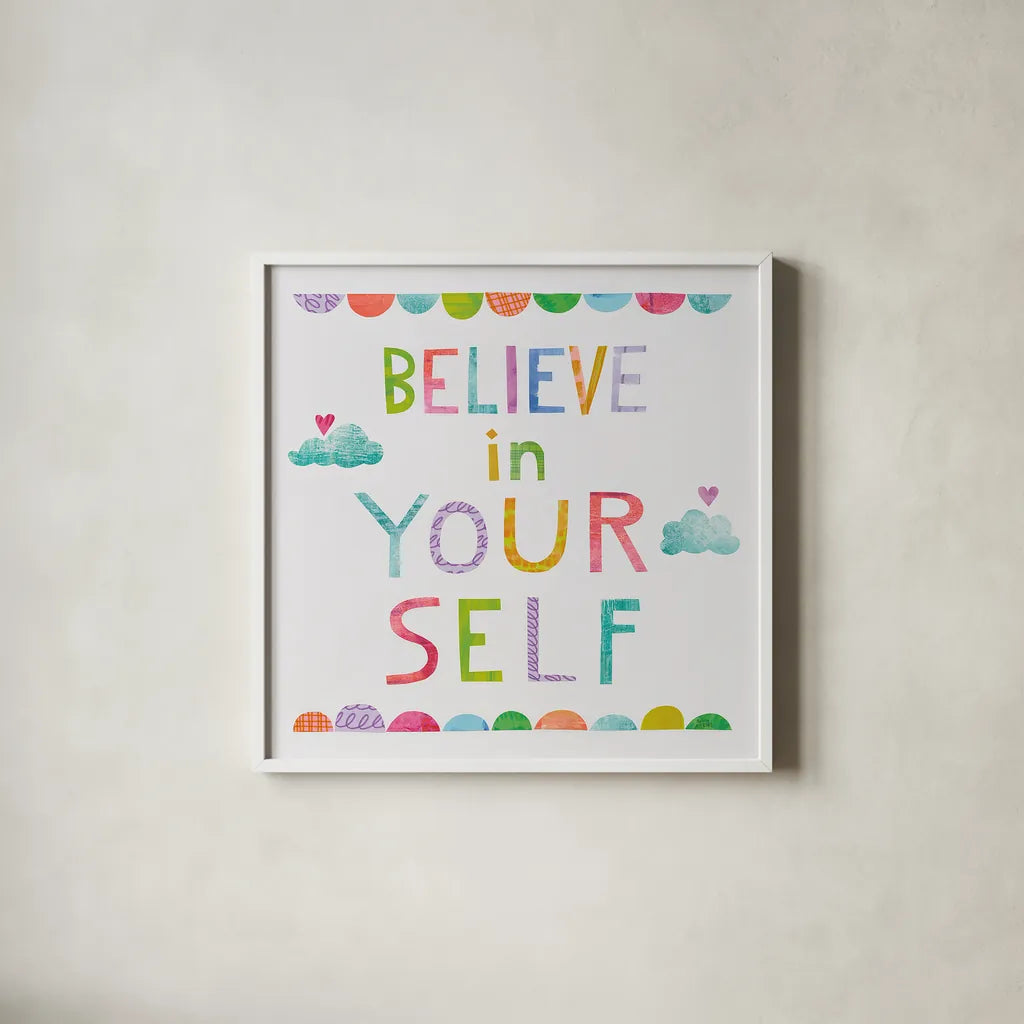 Unicorn Magic VI Clouds by Melissa Averinos. Shown in a crisp white glass frame for a clean and minimalist style. Available as an archival giclee rolled canvas, fine art paper, or poster print. SKU 33147a.