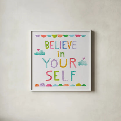 Unicorn Magic VI Clouds by Melissa Averinos. Shown in a crisp white glass frame for a clean and minimalist style. Available as an archival giclee rolled canvas, fine art paper, or poster print. SKU 33147a.