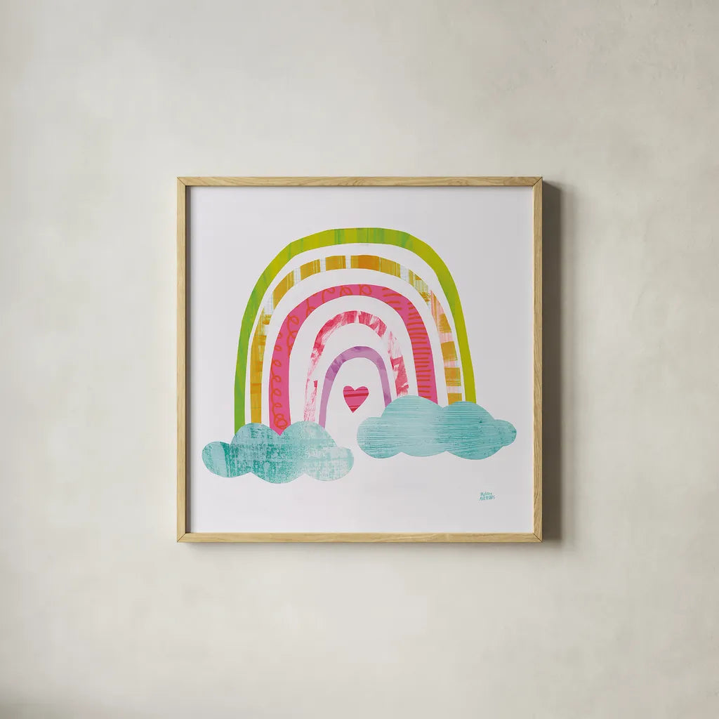 Unicorn Magic VII Sq by Melissa Averinos. Shown in a natural wood glass frame for a timeless modern aesthetic. Available as an archival giclee rolled canvas, fine art paper, or poster print. SKU 34680a.