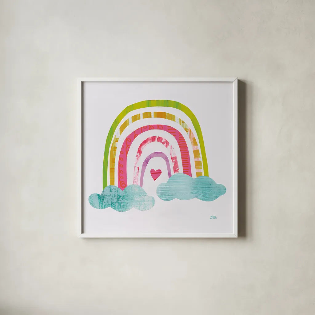Unicorn Magic VII Sq by Melissa Averinos. Shown in a crisp white glass frame for a clean and minimalist style. Available as an archival giclee rolled canvas, fine art paper, or poster print. SKU 34680a.