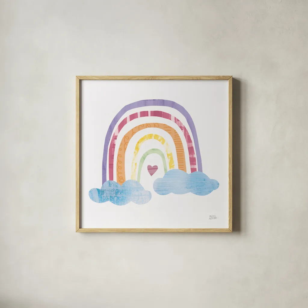 Unicorn Magic VII Sq Purple by Melissa Averinos. Shown in a natural wood glass frame for a timeless modern aesthetic. Available as an archival giclee rolled canvas, fine art paper, or poster print. SKU 80587a.