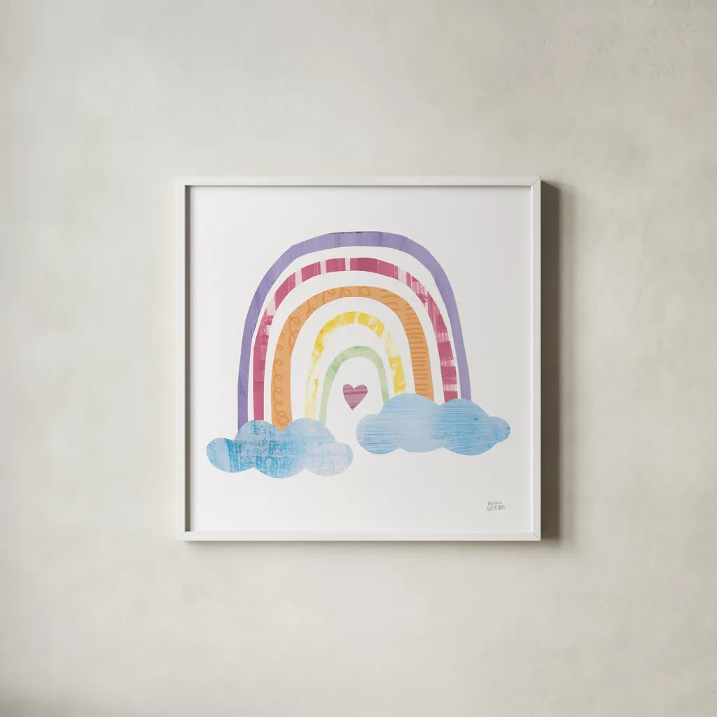Unicorn Magic VII Sq Purple by Melissa Averinos. Shown in a crisp white glass frame for a clean and minimalist style. Available as an archival giclee rolled canvas, fine art paper, or poster print. SKU 80587a.