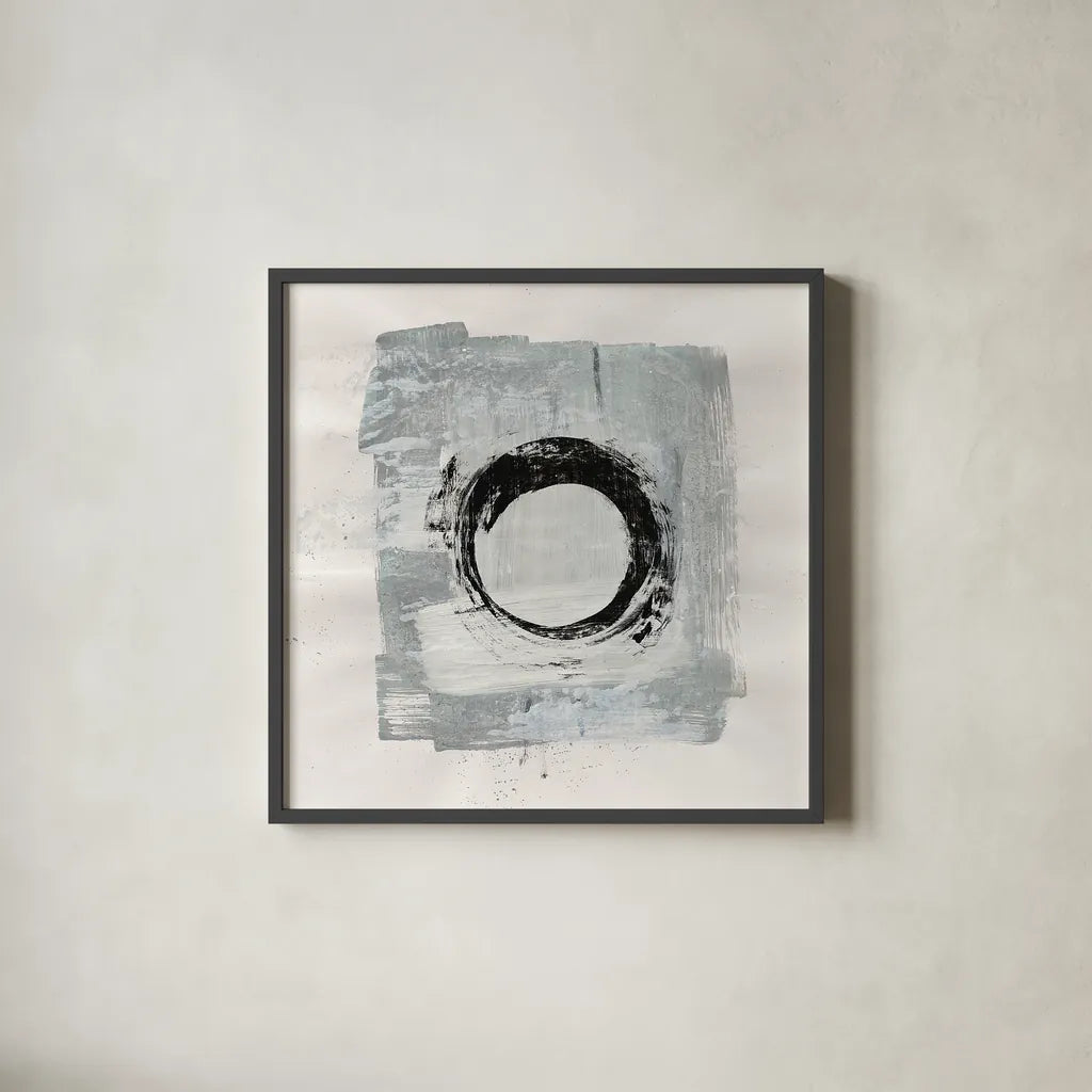 Zen Circle I by Melissa Averinos. Shown in a sleek black glass frame for a contemporary gallery look. Available as an archival giclee rolled canvas, fine art paper, or poster print. SKU 29104a.