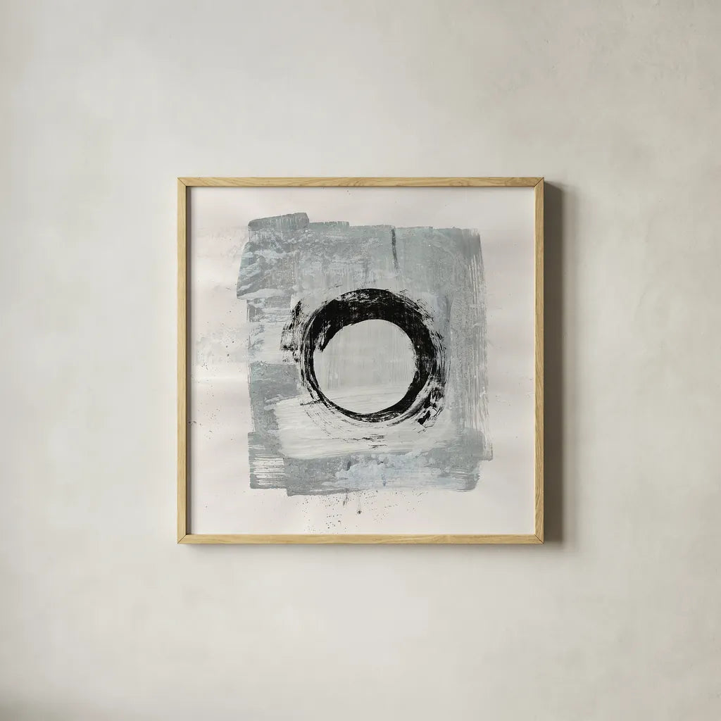 Zen Circle I by Melissa Averinos. Shown in a natural wood glass frame for a timeless modern aesthetic. Available as an archival giclee rolled canvas, fine art paper, or poster print. SKU 29104a.