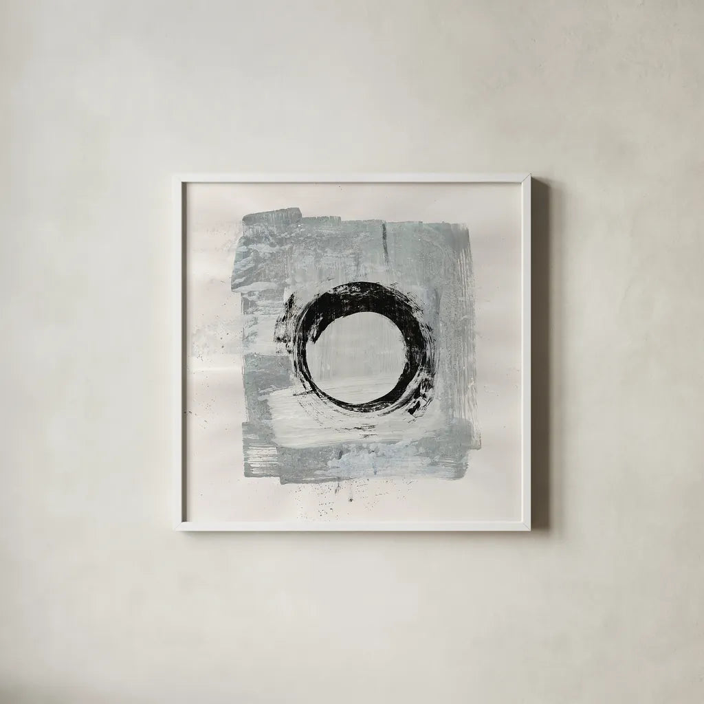 Zen Circle I by Melissa Averinos. Shown in a crisp white glass frame for a clean and minimalist style. Available as an archival giclee rolled canvas, fine art paper, or poster print. SKU 29104a.