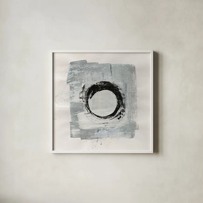 Zen Circle I by Melissa Averinos. Shown in a crisp white glass frame for a clean and minimalist style. Available as an archival giclee rolled canvas, fine art paper, or poster print. SKU 29104a.