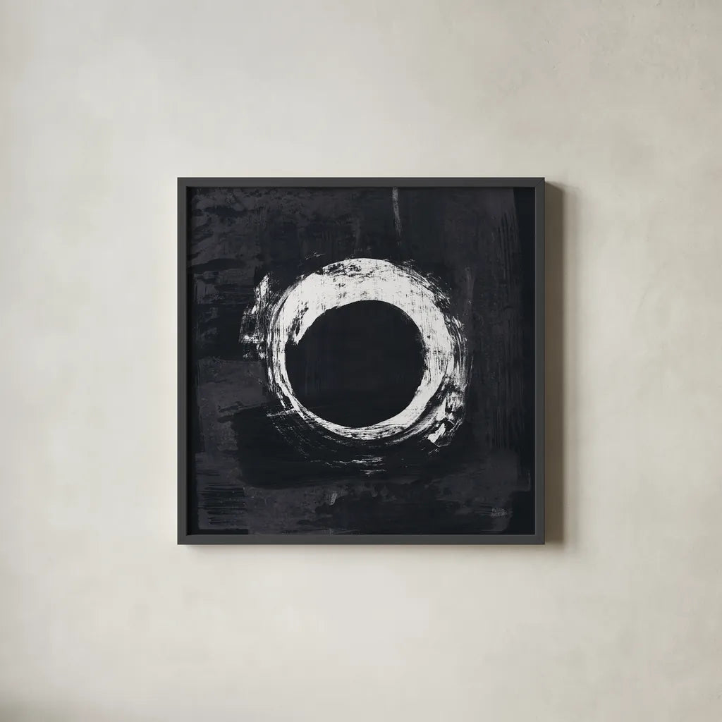 Zen Circle I Black Crop by Melissa Averinos. Shown in a sleek black glass frame for a contemporary gallery look. Available as an archival giclee rolled canvas, fine art paper, or poster print. SKU 54813a.