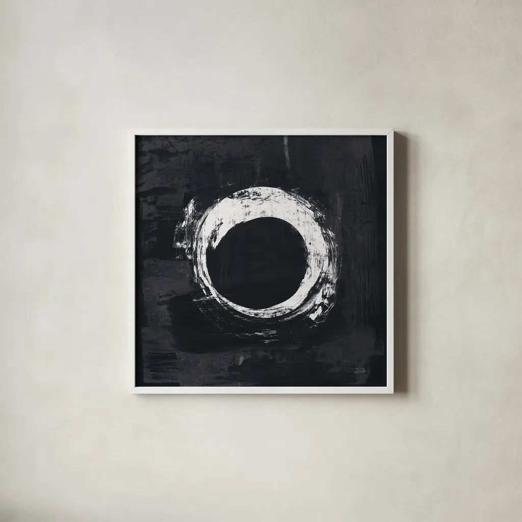 Zen Circle I Black Crop by Melissa Averinos. Shown in a crisp white glass frame for a clean and minimalist style. Available as an archival giclee rolled canvas, fine art paper, or poster print. SKU 54813a.