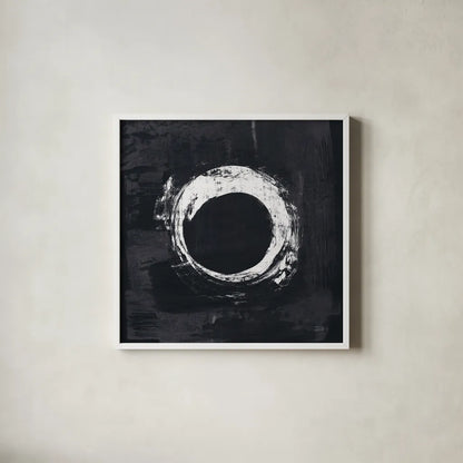 Zen Circle I Black Crop by Melissa Averinos. Shown in a crisp white glass frame for a clean and minimalist style. Available as an archival giclee rolled canvas, fine art paper, or poster print. SKU 54813a.