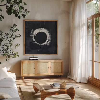 Zen Circle I Black Crop by Melissa Averinos. Shown in a natural wood frame in a cozy modern living room. Available as an archival giclee rolled canvas, fine art paper, or poster print. SKU 54813a.