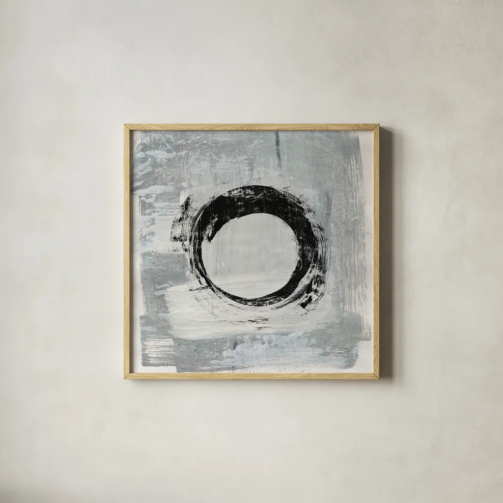 Zen Circle I Crop by Melissa Averinos. Shown in a natural wood glass frame for a timeless modern aesthetic. Available as an archival giclee rolled canvas, fine art paper, or poster print. SKU 29695a.