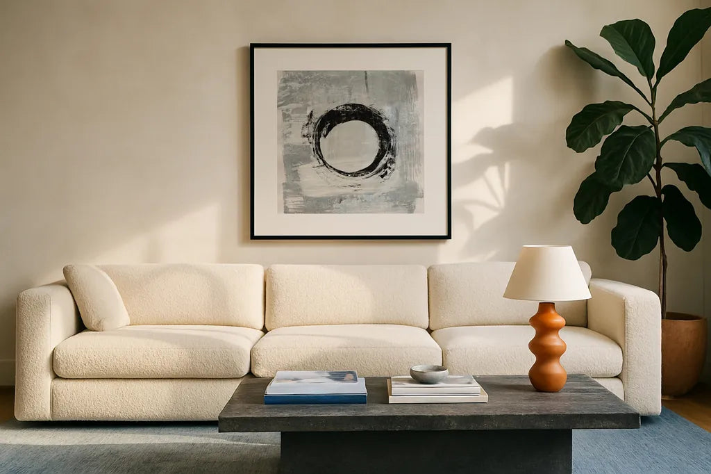 Zen Circle I Crop by Melissa Averinos. Displayed in a glass frame with matte in a clean modern living room. Available as an archival giclee rolled canvas, fine art paper, or poster print. SKU 29695a.