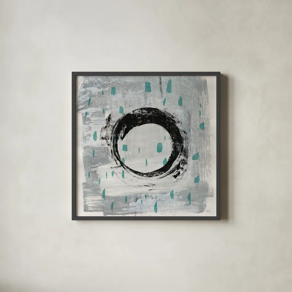 Zen Circle I Crop with Teal by Melissa Averinos. Shown in a sleek black glass frame for a contemporary gallery look. Available as an archival giclee rolled canvas, fine art paper, or poster print. SKU 30931a.