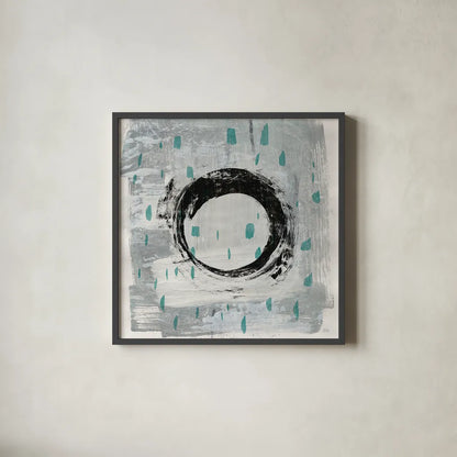 Zen Circle I Crop with Teal by Melissa Averinos. Shown in a sleek black glass frame for a contemporary gallery look. Available as an archival giclee rolled canvas, fine art paper, or poster print. SKU 30931a.