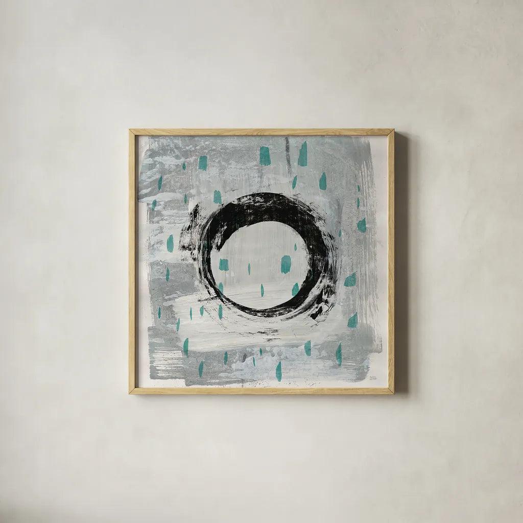 Zen Circle I Crop with Teal by Melissa Averinos. Shown in a natural wood glass frame for a timeless modern aesthetic. Available as an archival giclee rolled canvas, fine art paper, or poster print. SKU 30931a.