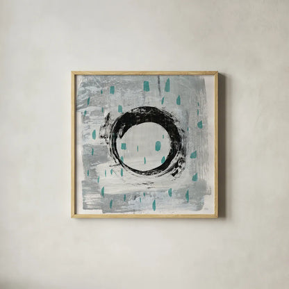 Zen Circle I Crop with Teal by Melissa Averinos. Shown in a natural wood glass frame for a timeless modern aesthetic. Available as an archival giclee rolled canvas, fine art paper, or poster print. SKU 30931a.