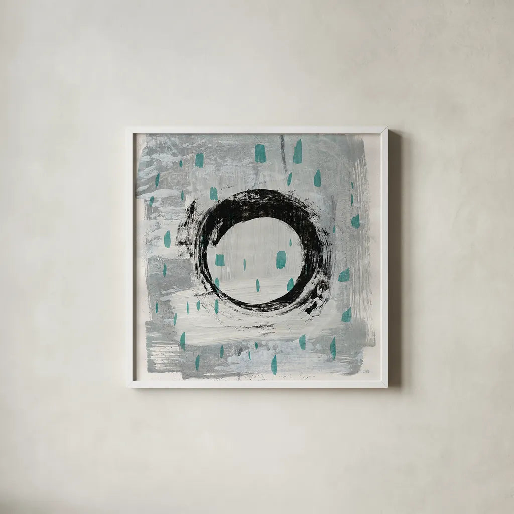 Zen Circle I Crop with Teal by Melissa Averinos. Shown in a crisp white glass frame for a clean and minimalist style. Available as an archival giclee rolled canvas, fine art paper, or poster print. SKU 30931a.